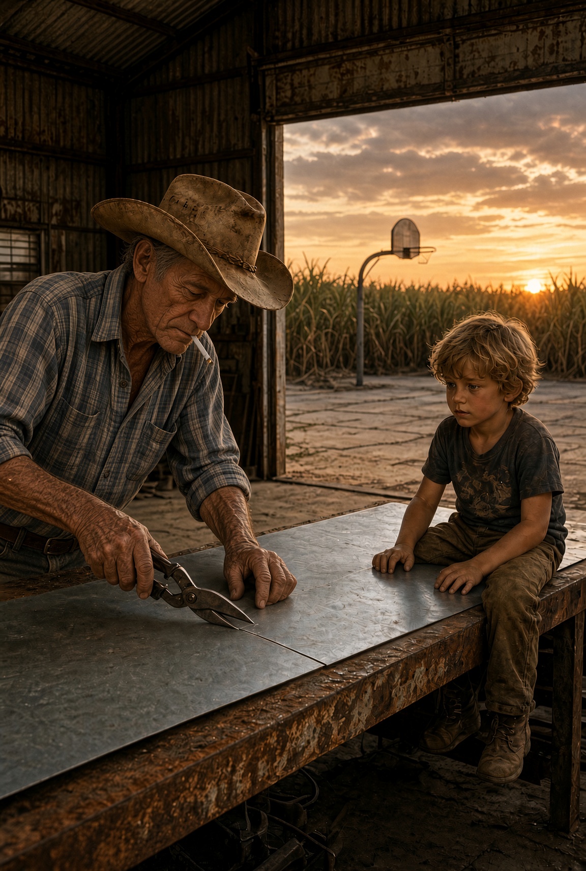 A small boy sitting on a sheet of metal while his grandfather cuts the other side in a Florida shop