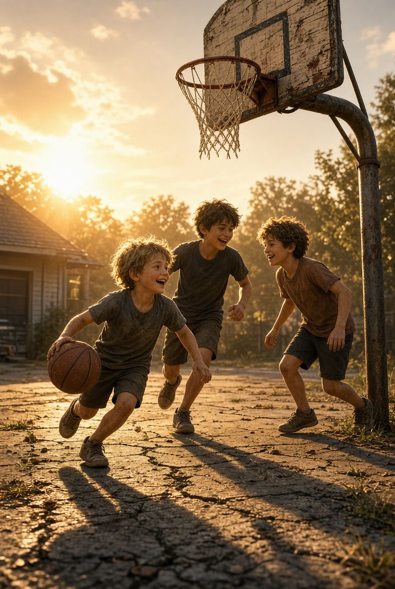Three boys playing basketball on a cracked outdoor court at sunset
