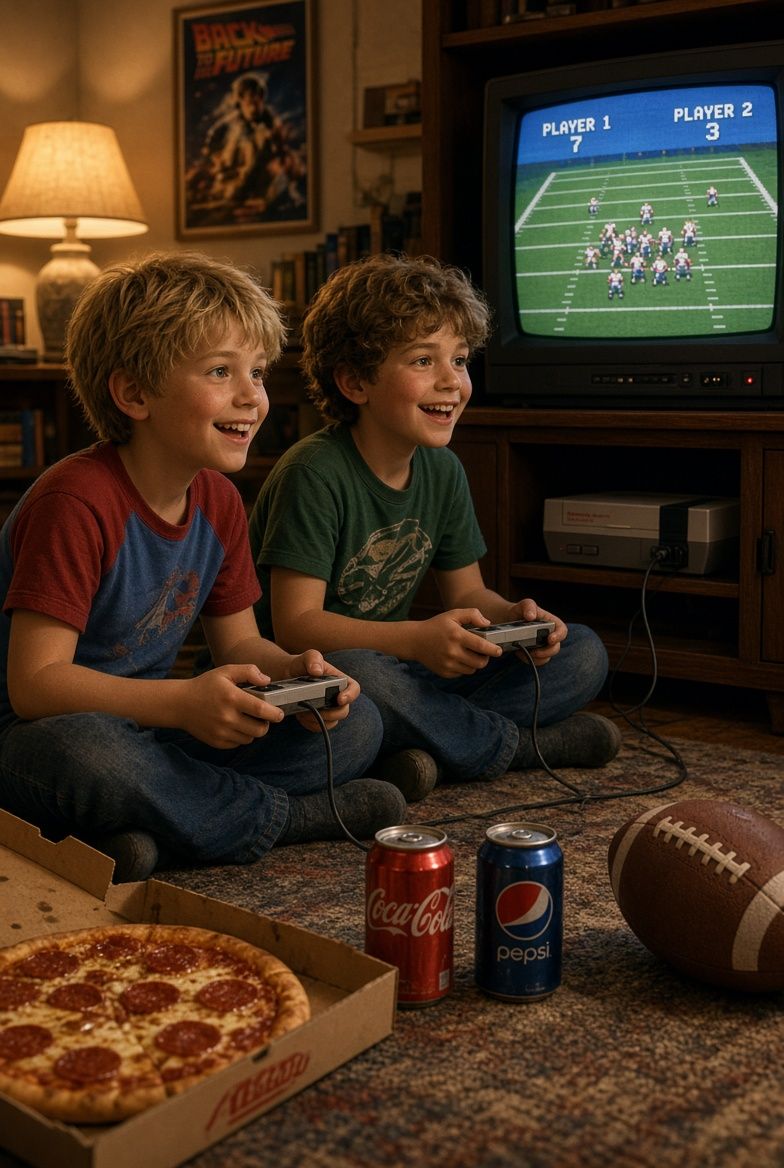 Two boys sitting on a rug with game controllers, pizza open on the floor