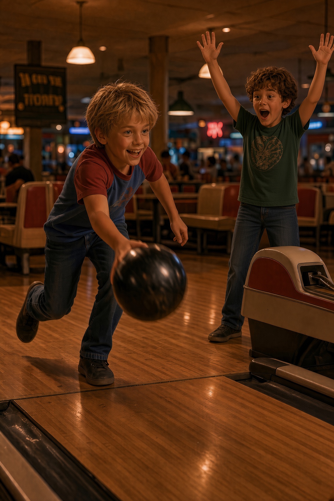 A boy bowling while his brother watches at a small-town alley