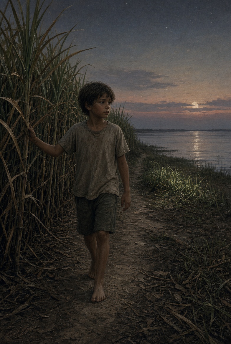 A barefoot boy at the edge of the cane, the lake and moon beyond