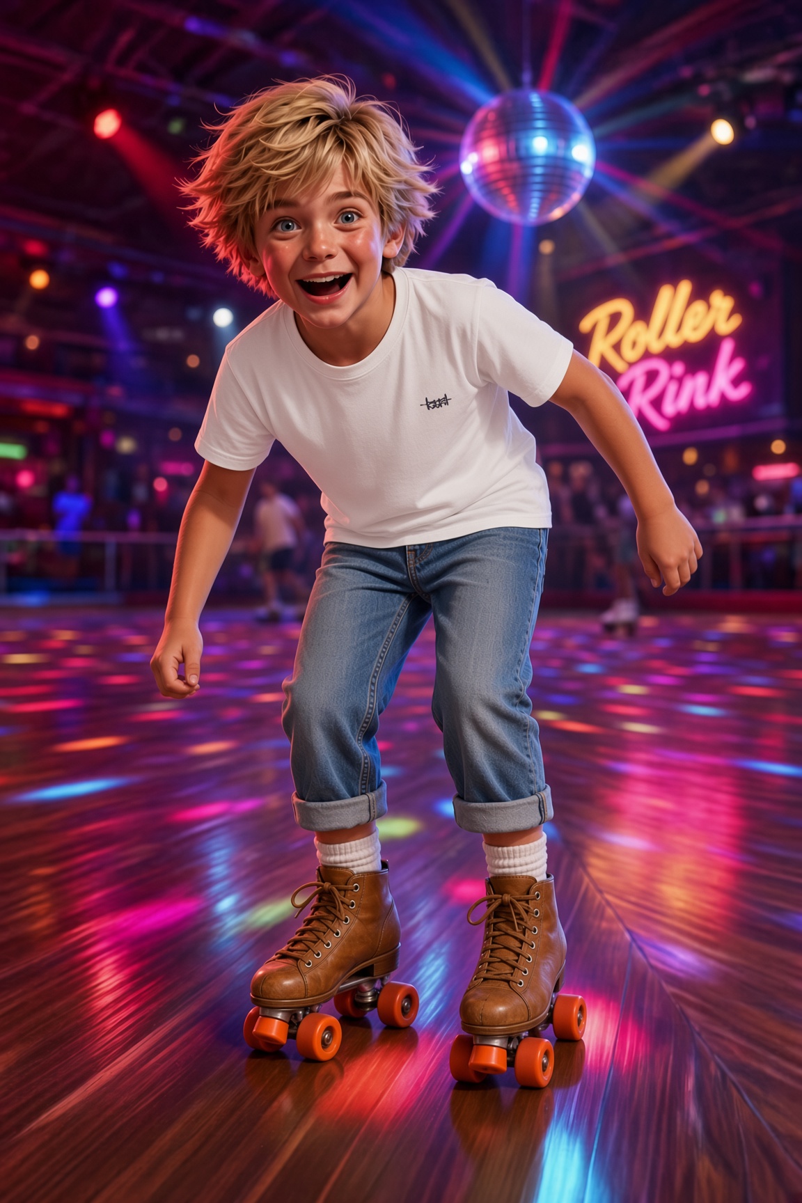 A boy in a white Jams T-shirt skating in brown quads with orange wheels
