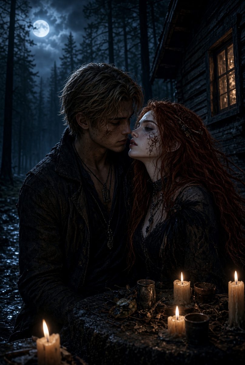 A young man and a woman at a candlelit table outside a cabin in the pines