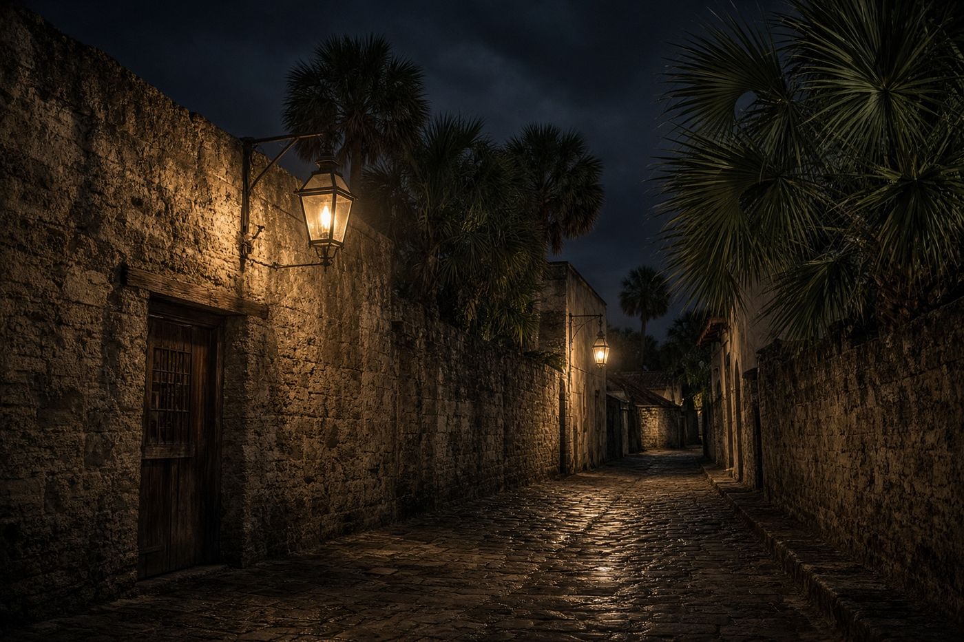 A quiet colonial street in Saint Augustine at night, lanterns and palmettos