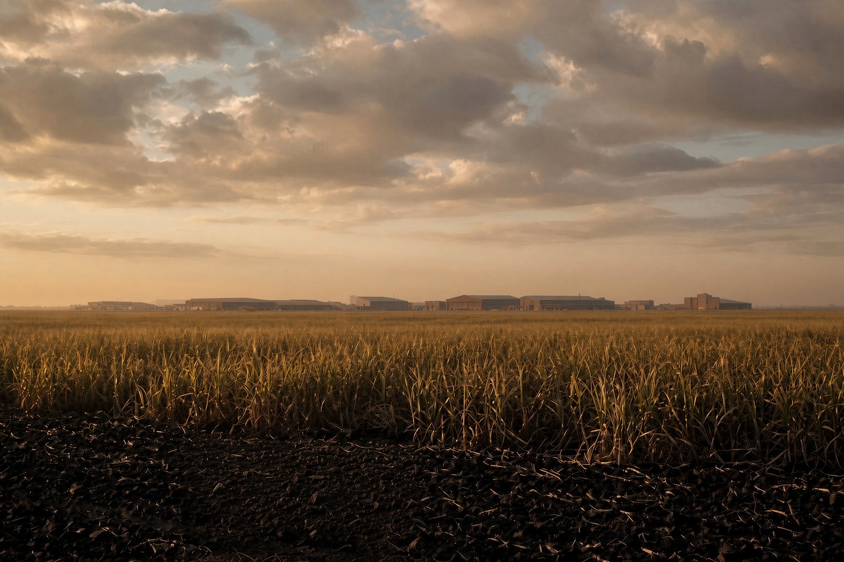 Black muck and sugarcane under a mill sky at Belle Glade