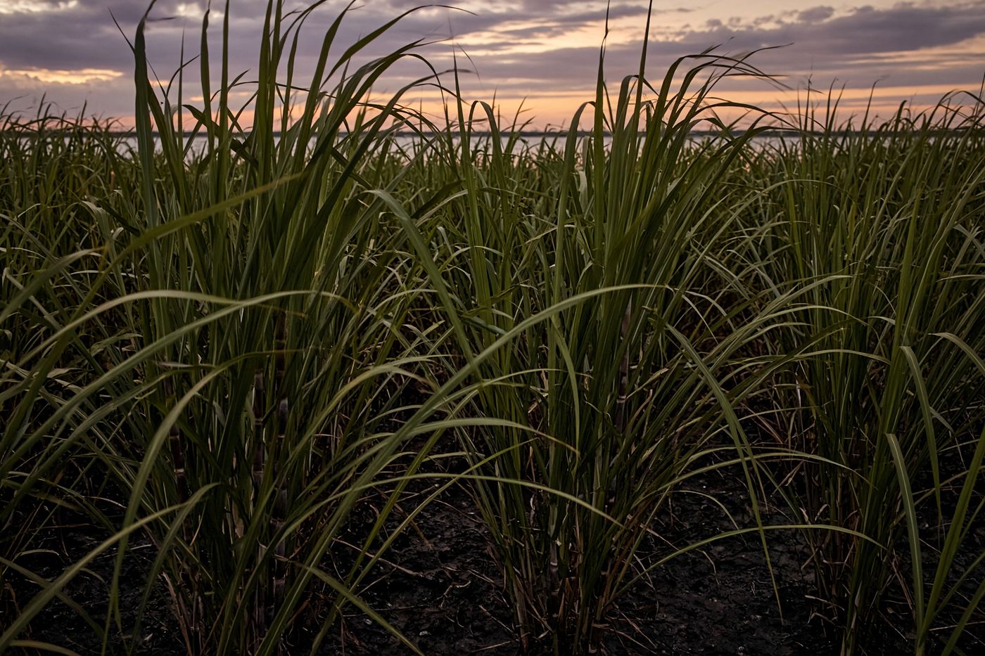 Tall Florida sugarcane moving in the wind on black muck soil