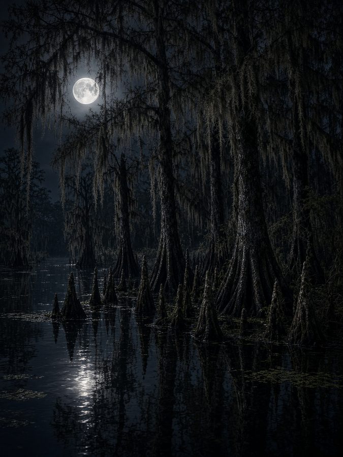 Bald cypress standing in dark water at Big Cypress Preserve