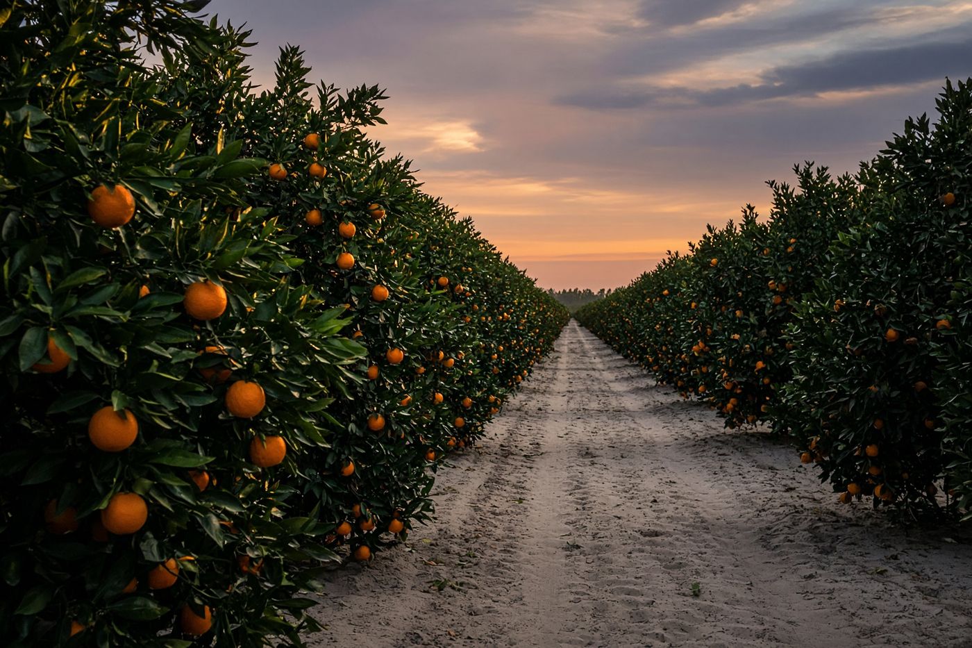 Rows of a Florida orange grove at dusk, fruit catching the last light