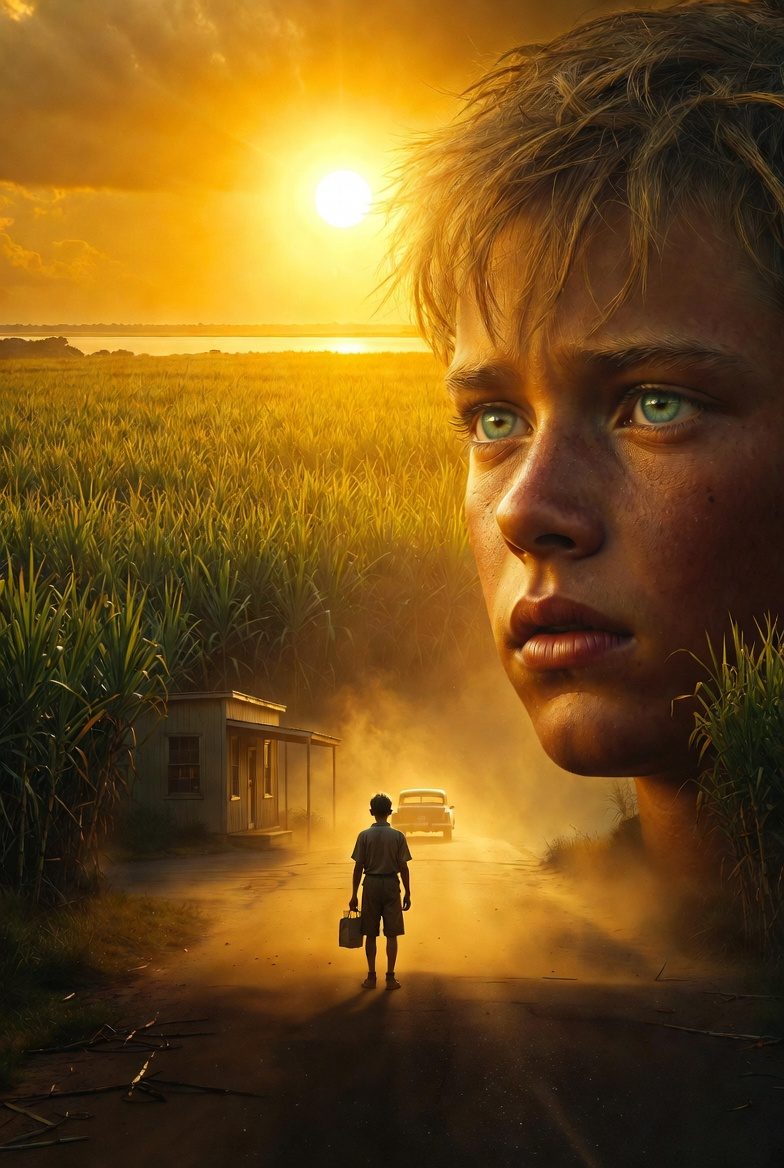 A boy walking a dirt road through sugarcane toward the lake at sunset