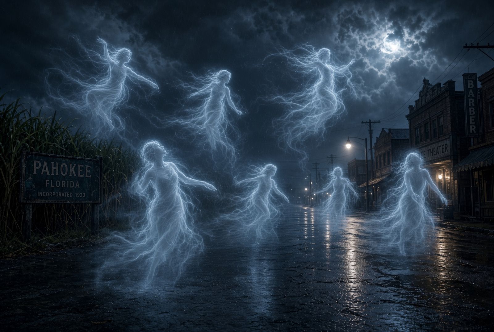 Luminous figures moving down a wet Pahokee street at night, cane at the edge of town