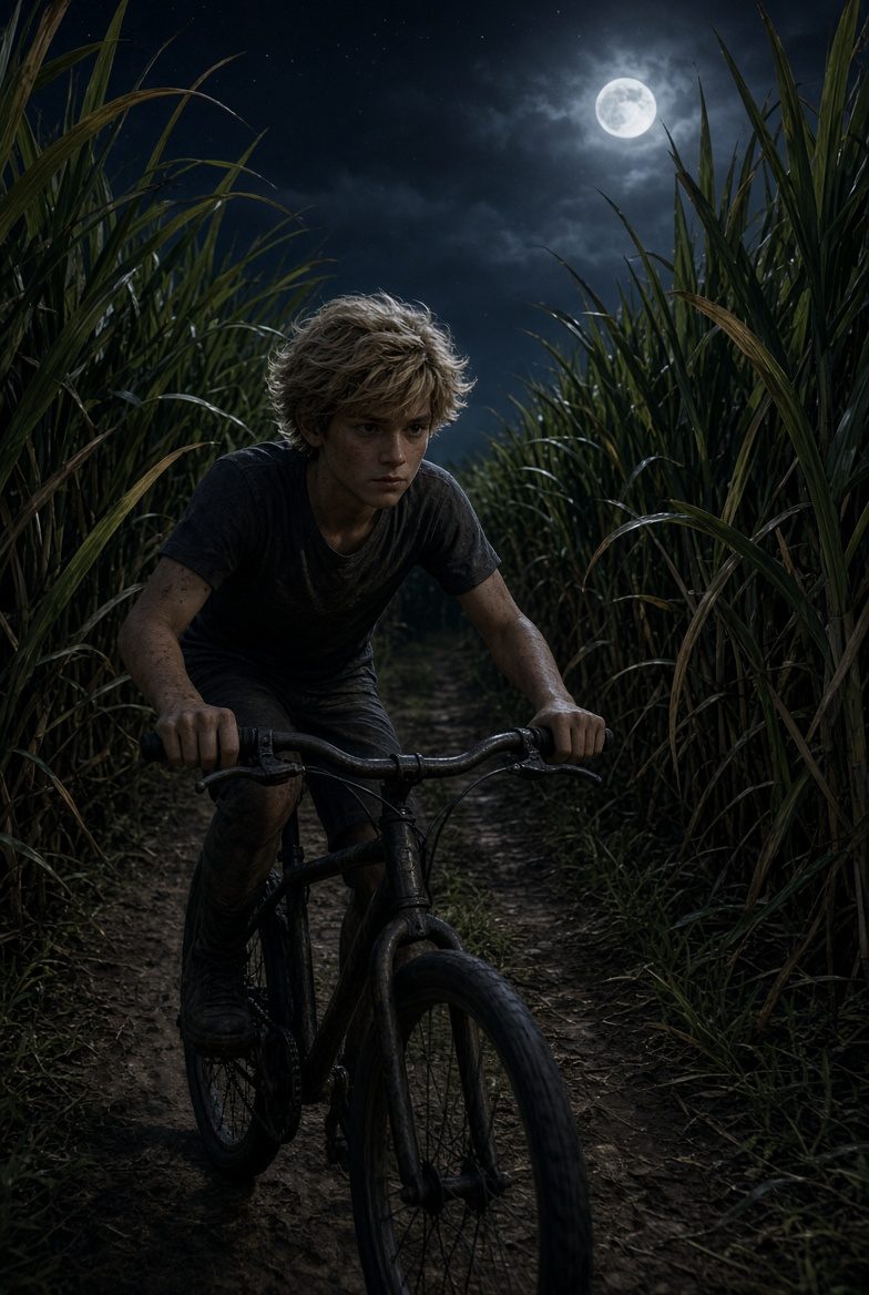 A boy riding a bicycle down a cane path under a full moon