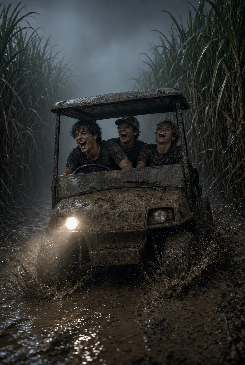 Three muddy boys laughing in a golf cart tearing through a cane row