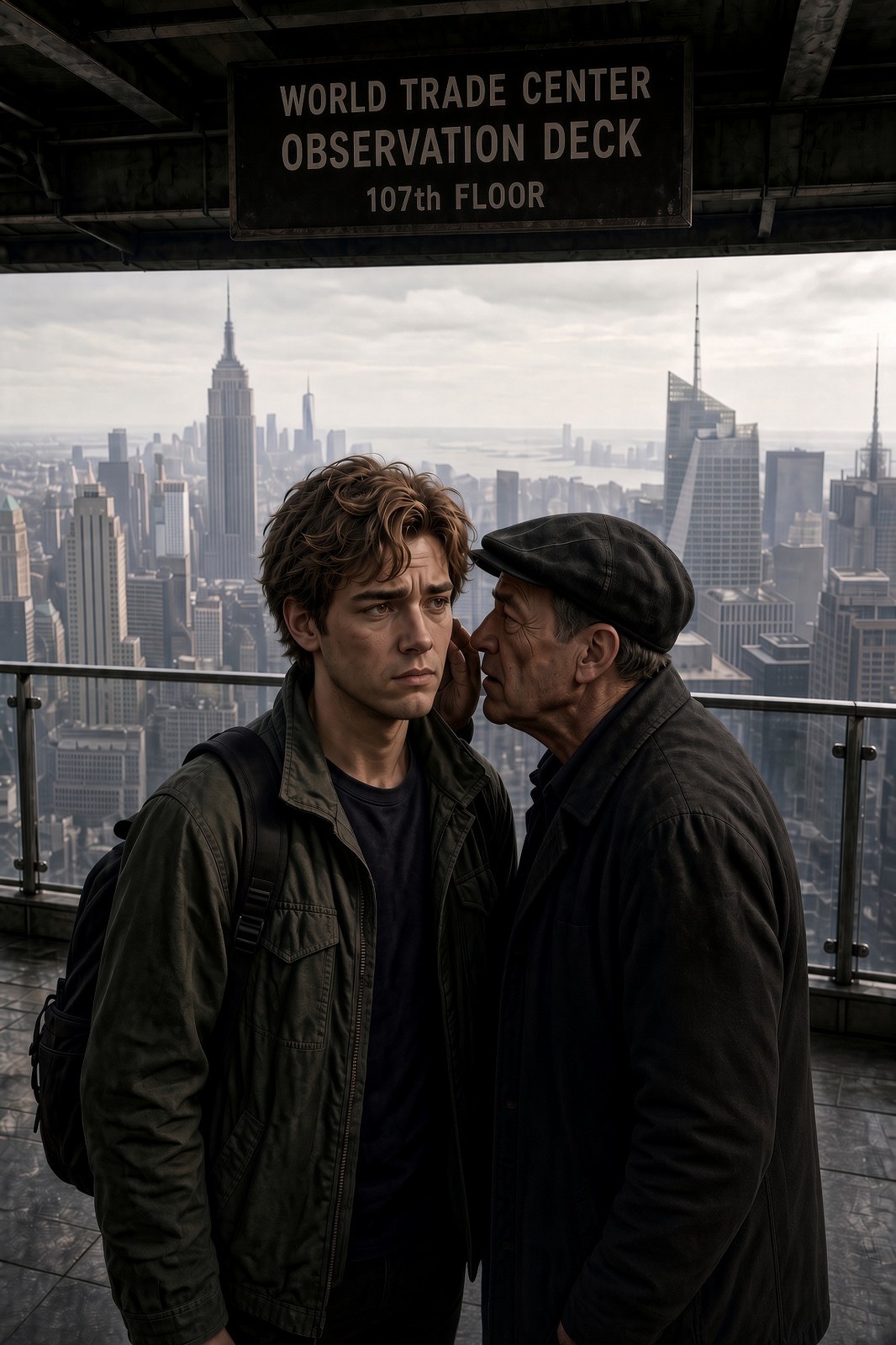 A young man on an observation deck above the city, an older stranger whispering at his ear