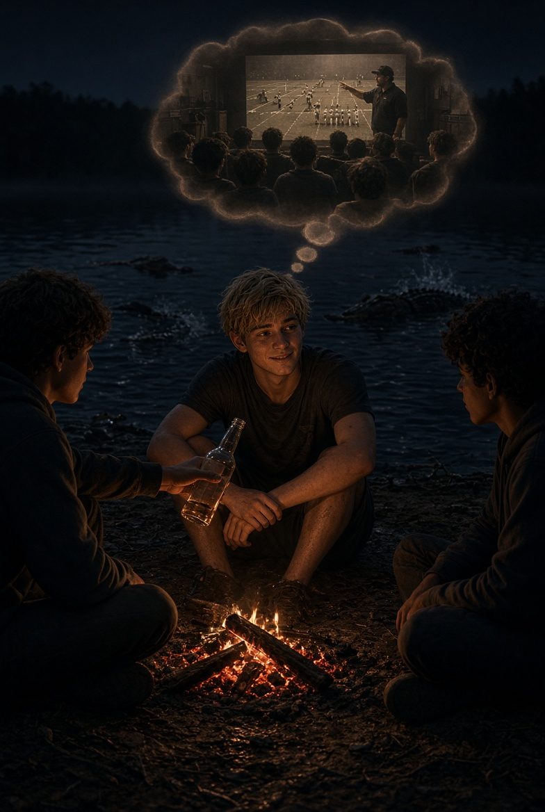 Three boys around a campfire by the water, a football memory hanging in the air