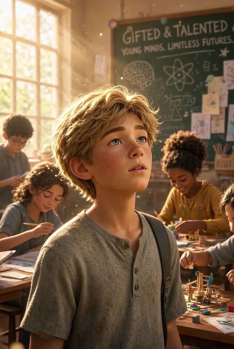 A boy in a gifted classroom, light on the chalkboard behind him