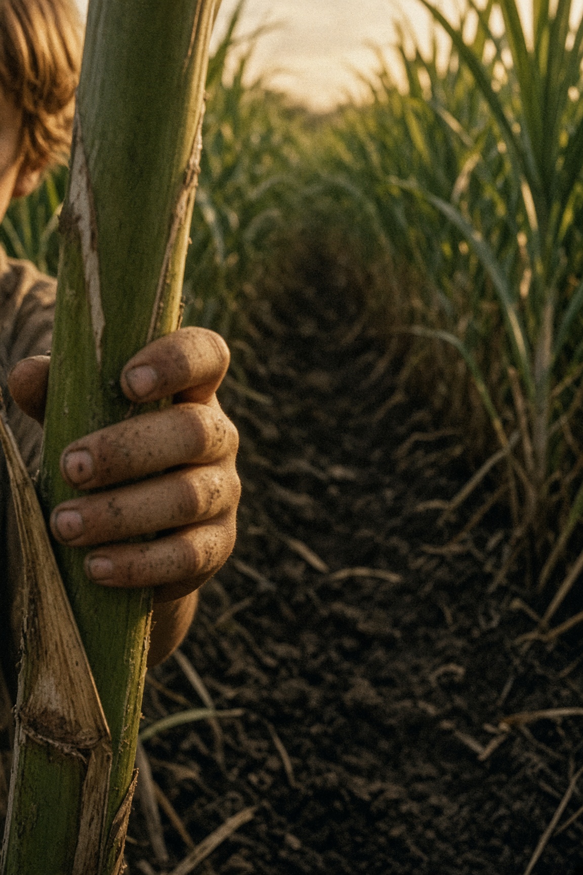 A boy’s hand on a cane stalk, the field repeating behind it