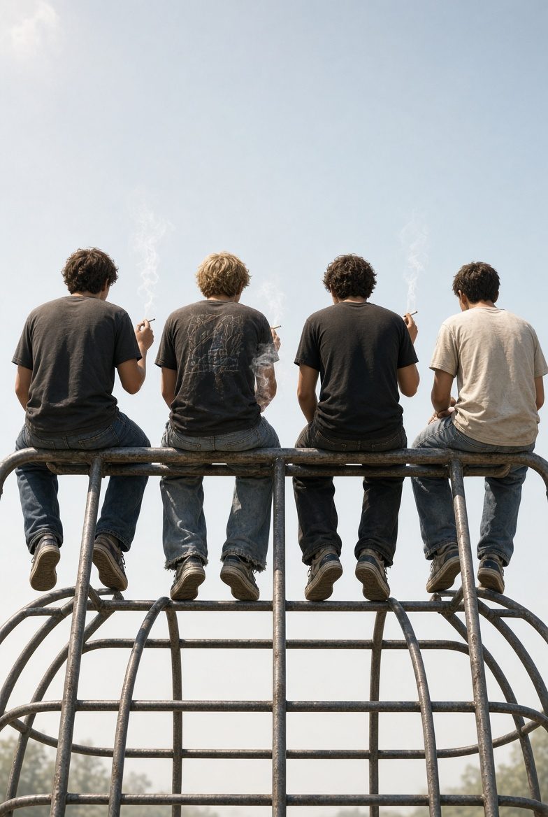 Four boys sitting on a jungle gym with their backs to the sky