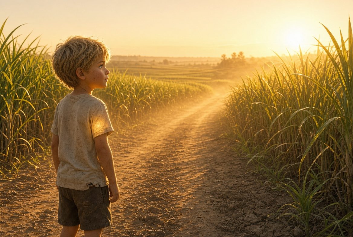 A small boy standing at the edge of a sugarcane road at sunset