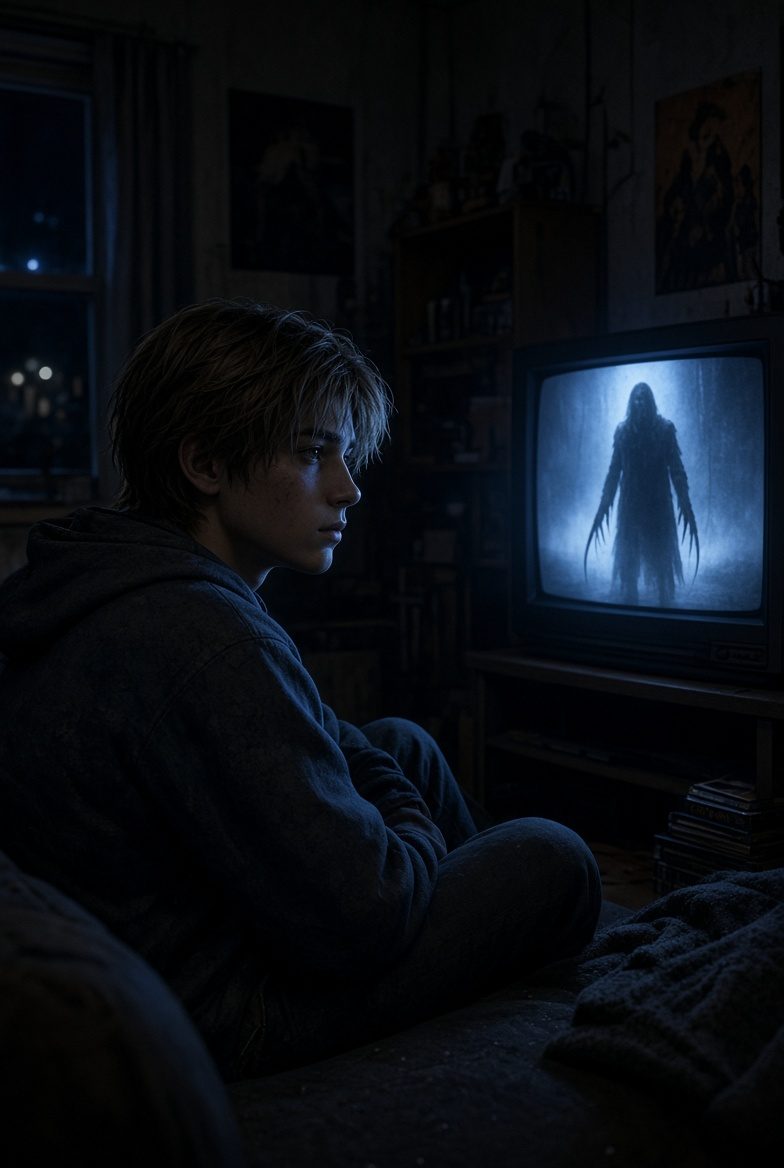 A boy watching an old television in a dark room