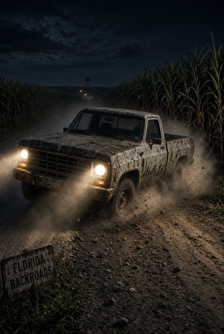 A muddy pickup truck on a Florida backroad between cane fields at night
