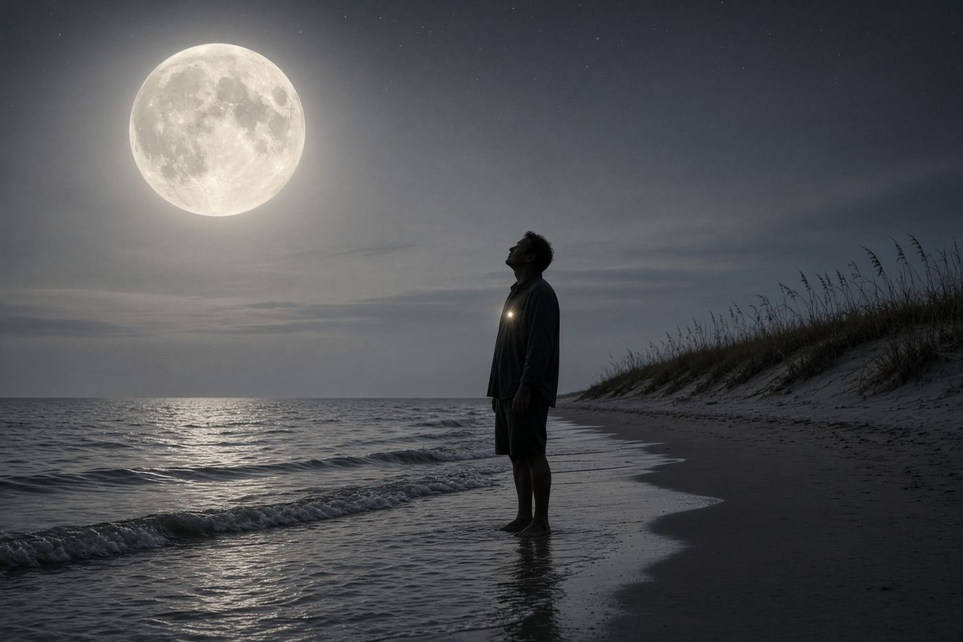 A man standing in the Gulf surf at Sanibel at night, a pale moon over the water and a faint star of light at his chest