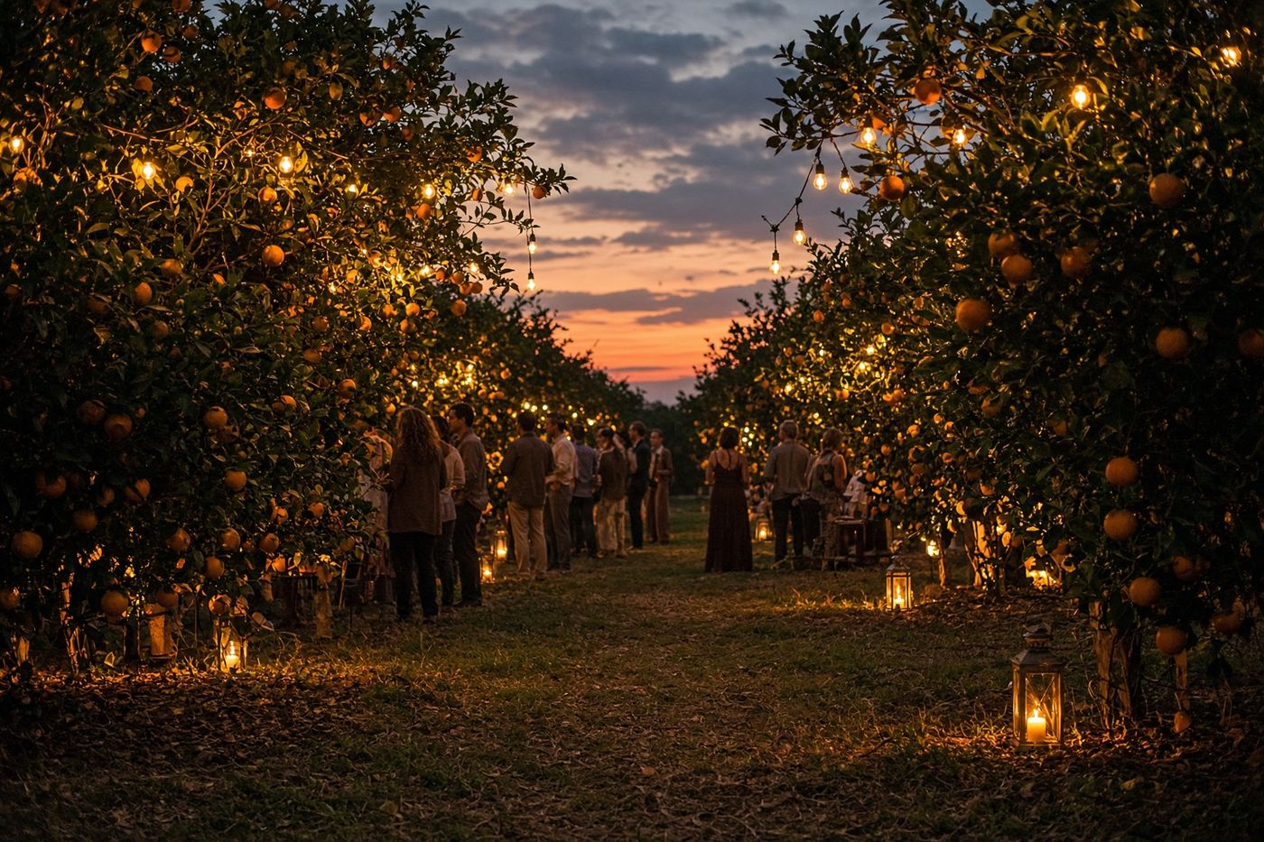 An outdoor gathering at dusk in a Florida orange grove, string lights hung in the citrus trees